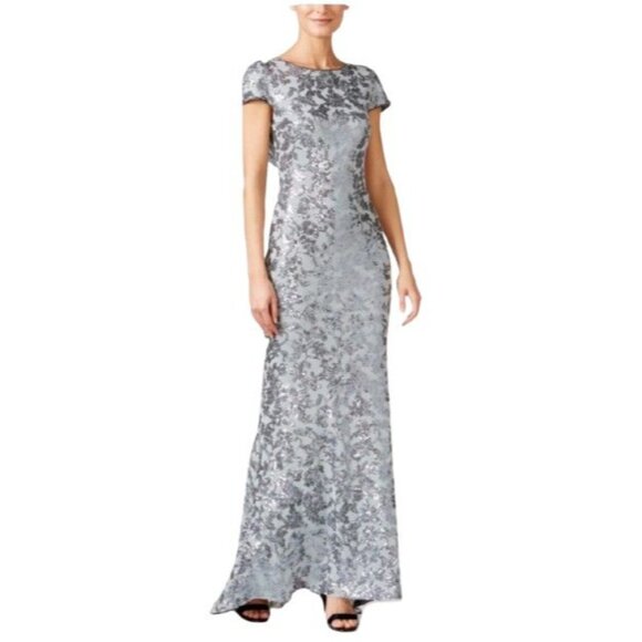 Calvin Klein Formal Eveninng Gown Womens 10 Silver Sequin Floral Draped Back - Picture 1 of 16